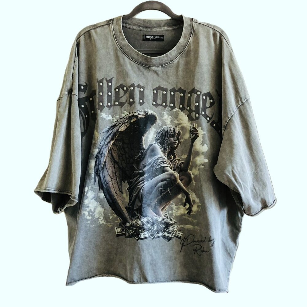ROKU STUDIO T-Shirt Fallen Angel Graphic Mens 2XL Gray Studded Crop 100% Cotton